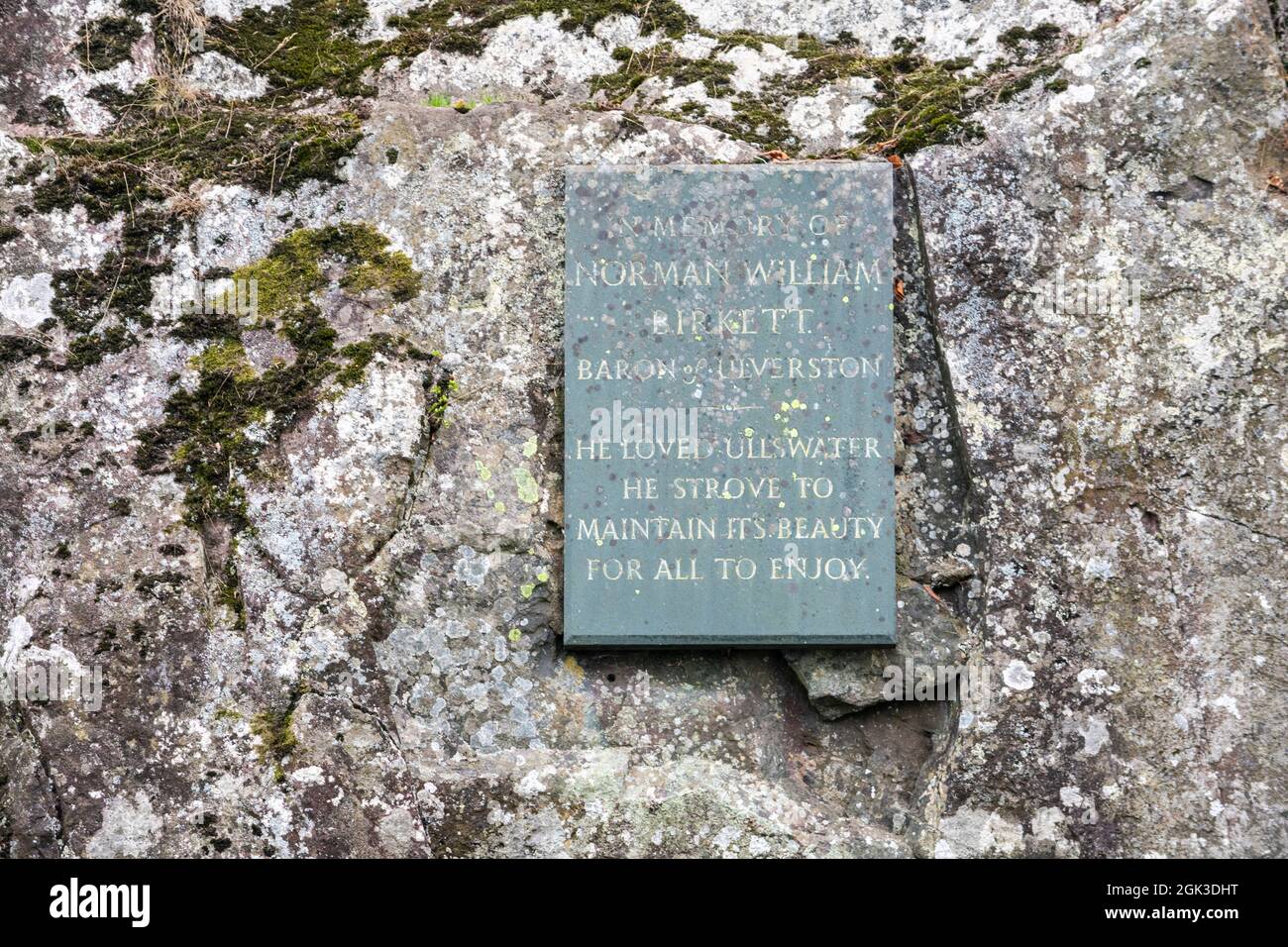 Plaque commemorating Norman William Birkett, near the Ullswater Way but only visible from the water, Ullswater, Lake District, UK Stock Photo
