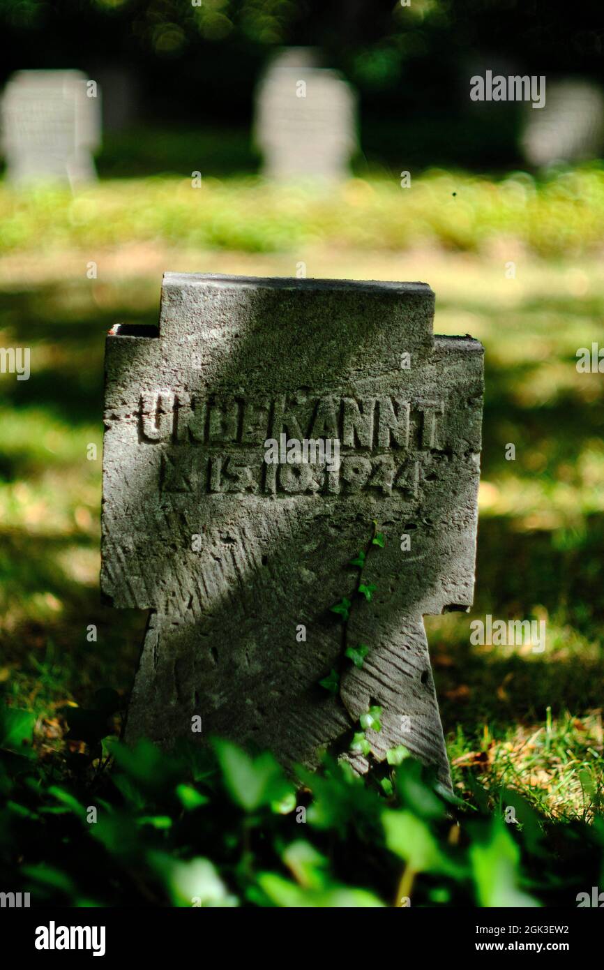 Brunswick, Germany. 26th Aug, 2021. Numerous stone crosses stand in the civilian cemetery of honour for the 683 victims of the night of the bombing on 15 October 1944 on the grounds of the municipal cemetery. Many of the dead were burned beyond recognition by the firestorm, and their gravestones read 'Unknown' instead of a name. Credit: Stefan Jaitner/dpa/Alamy Live News Stock Photo