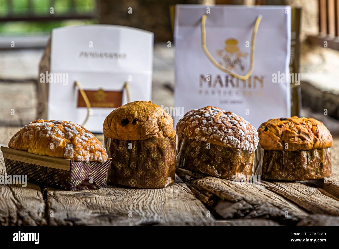 Panettone is also becoming increasingly popular. According to legend, the success of the Panettone is due to the misfortune of a Milanese cook. Products from the Pasticceria Marnin in Locarno, Switzerland Stock Photo