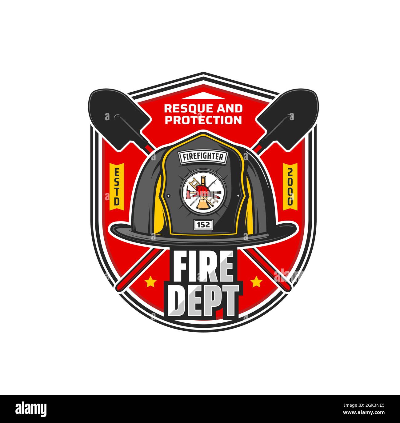Firefighting department icon. Fire dept, firefighting brigade vector vintage badge or retro symbol with crossed shovels, firefighter helmet with axe, Stock Vector