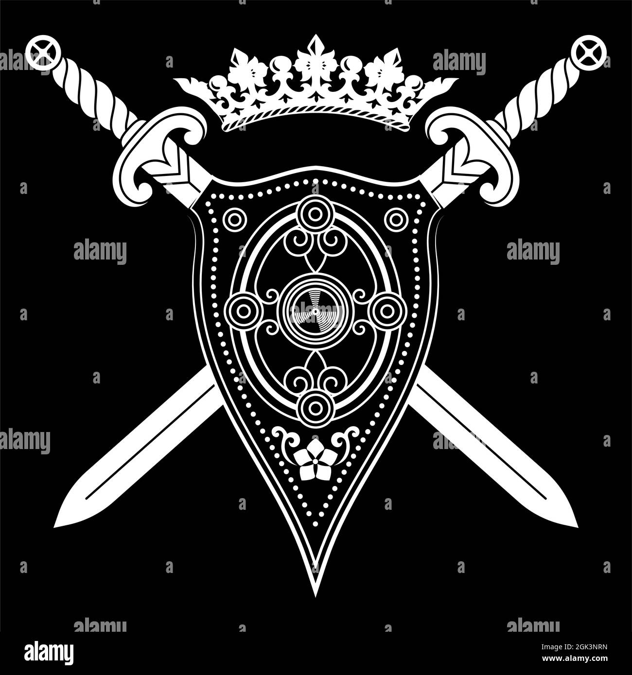 Old Norse, Viking design. Two crossed battle Viking swords and shield Stock Vector