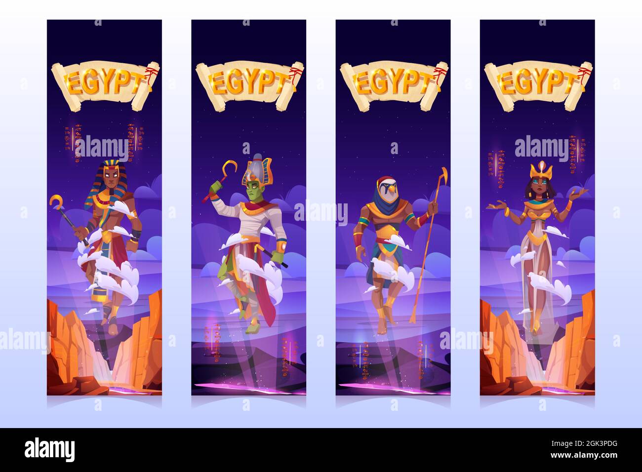 Egyptian gods cartoon vertical banners, Amun Ra, Horus, Pharaoh and queen Cleopatra ancient Egypt deities in royal clothes holding divine power staffs floating in air above rocks, vector illustration Stock Vector