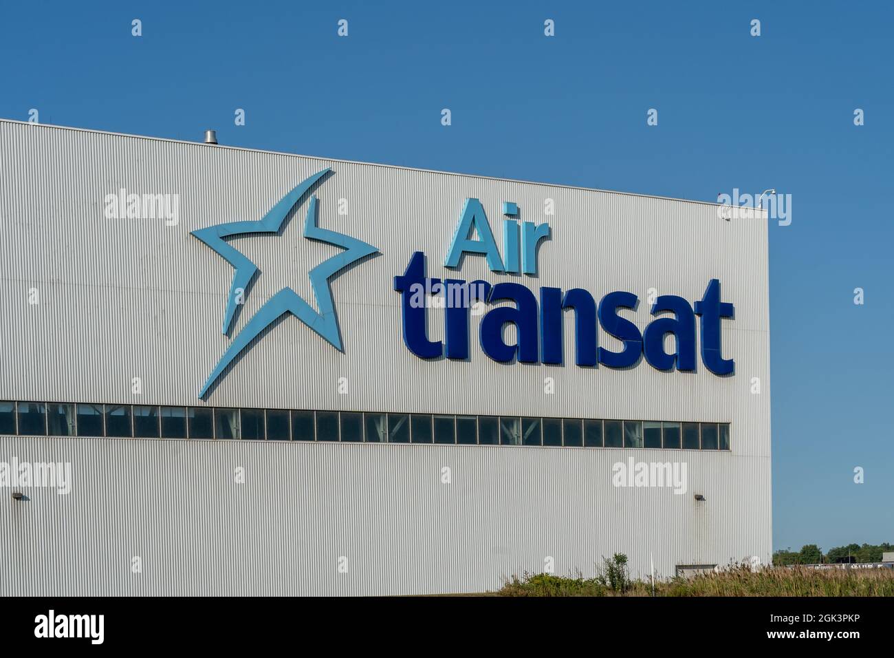Montreal, QC, Canada - September 4, 2021: Close up of Air Transat sign at their headquarters in Montreal, QC, Canada. Stock Photo