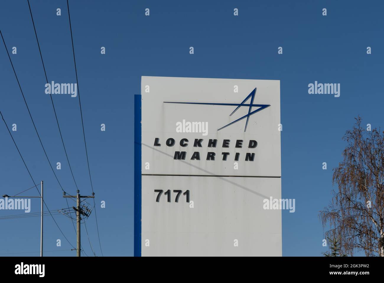 Montreal, QC, Canada - September 4, 2021: Lockheed Martin sign at their  Commercial Engine Solutions facility in Montreal, QC, Canada. Stock Photo