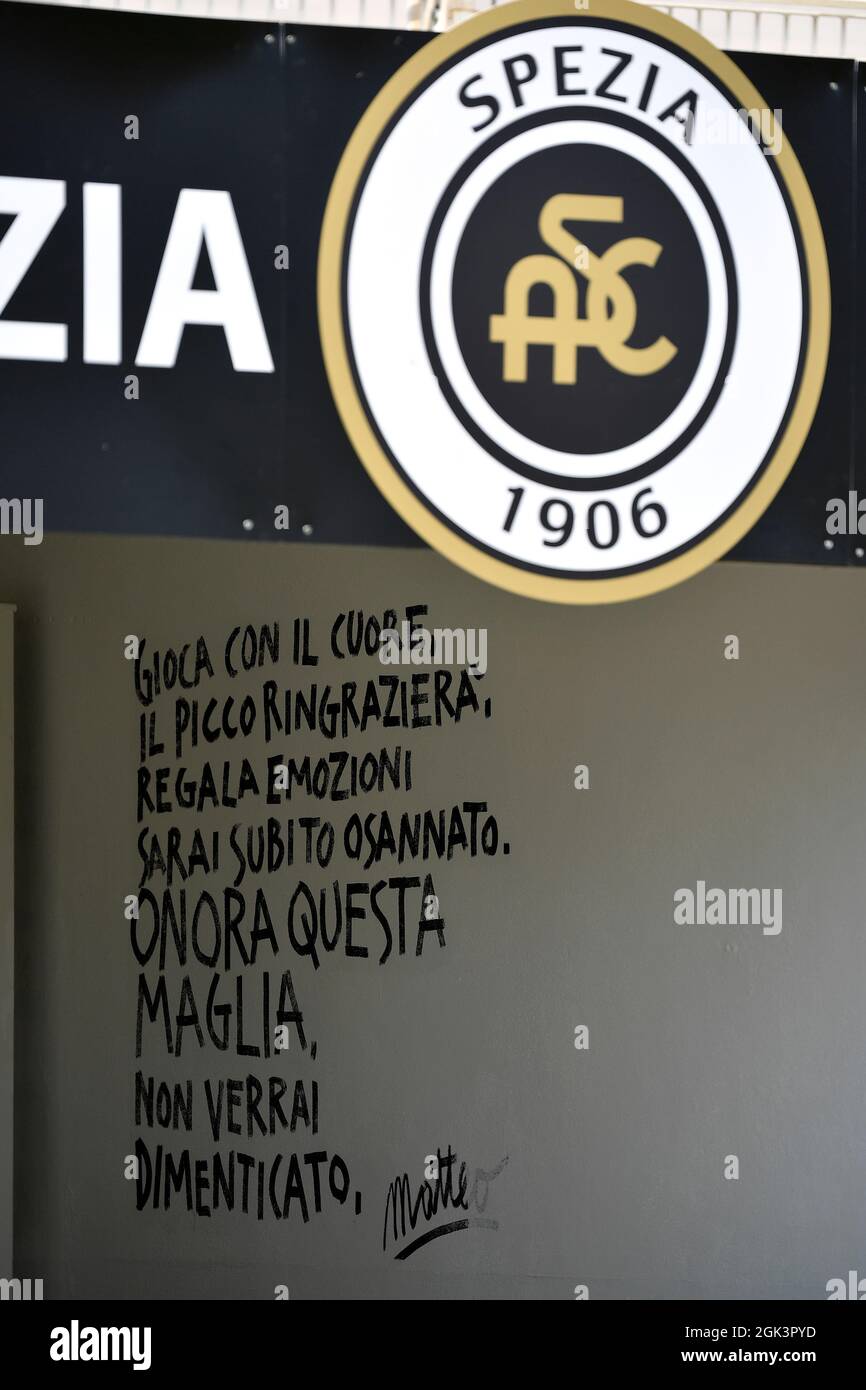 La Spezia, Italy. 12th Sep, 2021. the Spezia incitement sign on the way out of the locker room is seen during the Serie A football match between Spezia Calcio and Udinese Calcio at Alberto Picco stadium in La Spezia (Italy), September 12th, 2021. Photo Andrea Staccioli/Insidefoto Credit: insidefoto srl/Alamy Live News Stock Photo