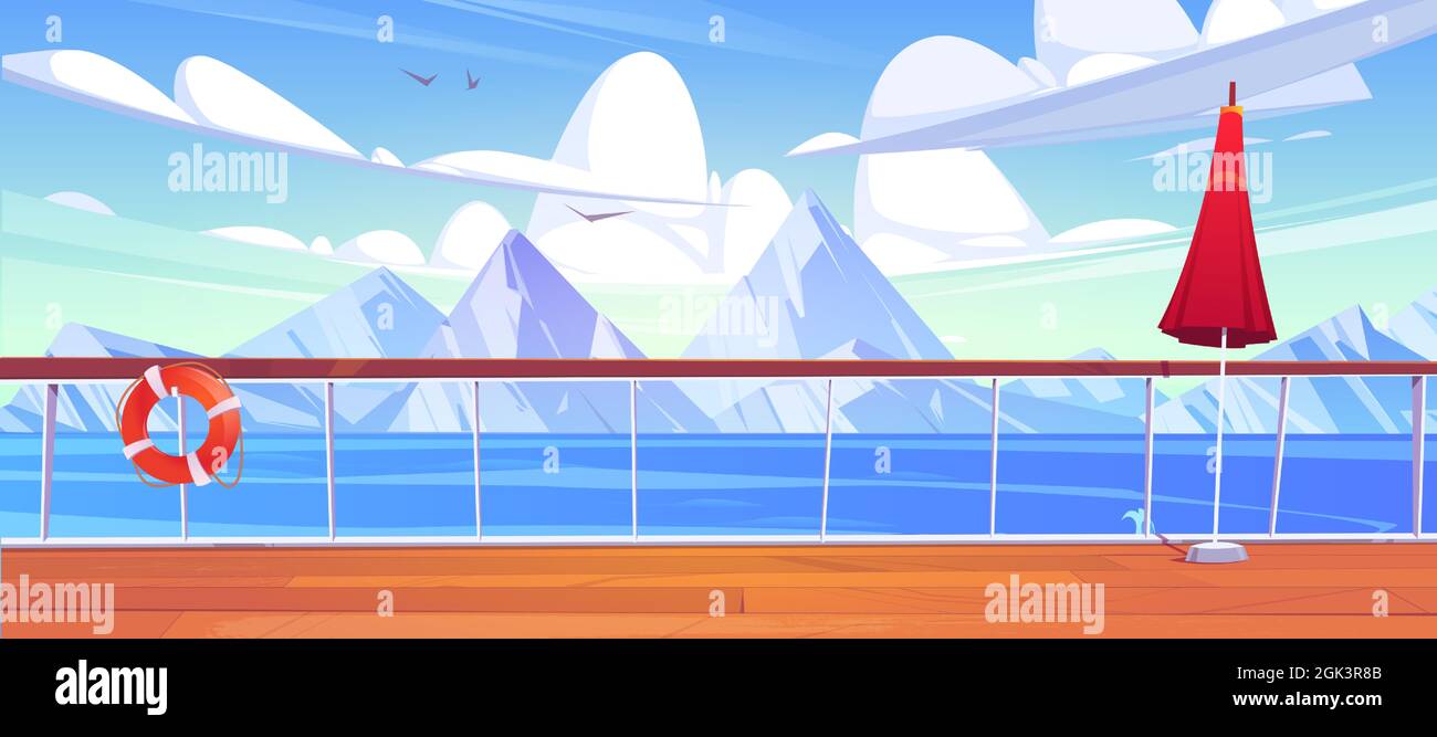View from cruise ship deck to sea landscape with white mountains on horizon. Vector cartoon illustration of wooden boat deck with railing, umbrella and lifebuoy on background of snow rocks and water Stock Vector