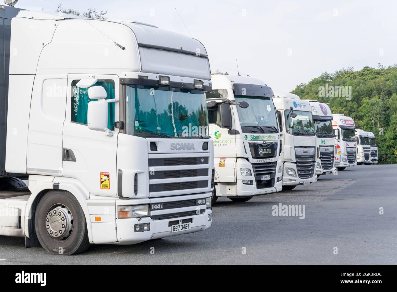European HGV lorries stop for overnight in Kent England Stock Photo