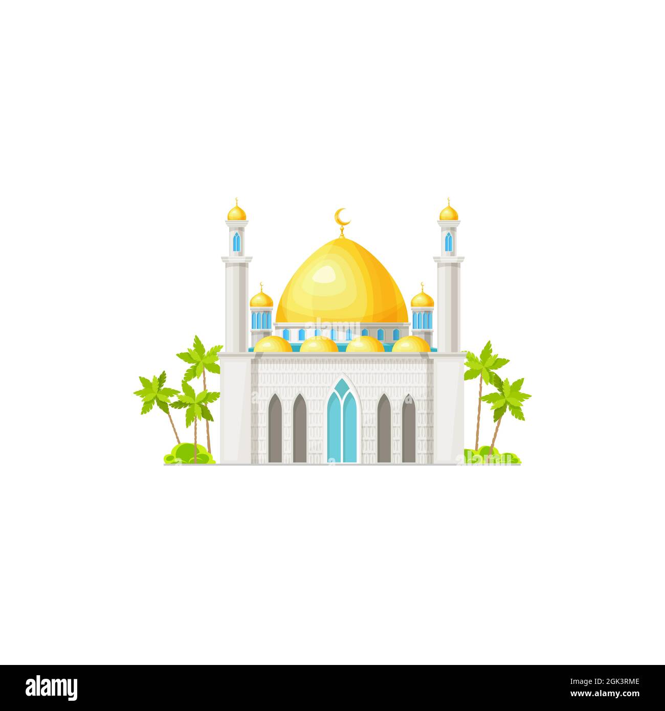 Mosque icon, Muslim and Islam religion building architecture, vector. Arabian or Egyptian Islamic mosque with minarets, Allah holy place, Muslim relig Stock Vector