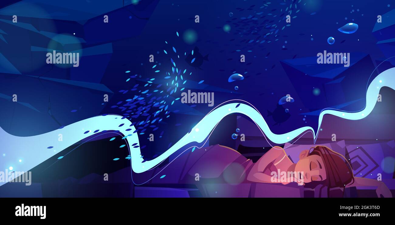 Woman sleep in bed under blanket and see in dreams underwater sea life