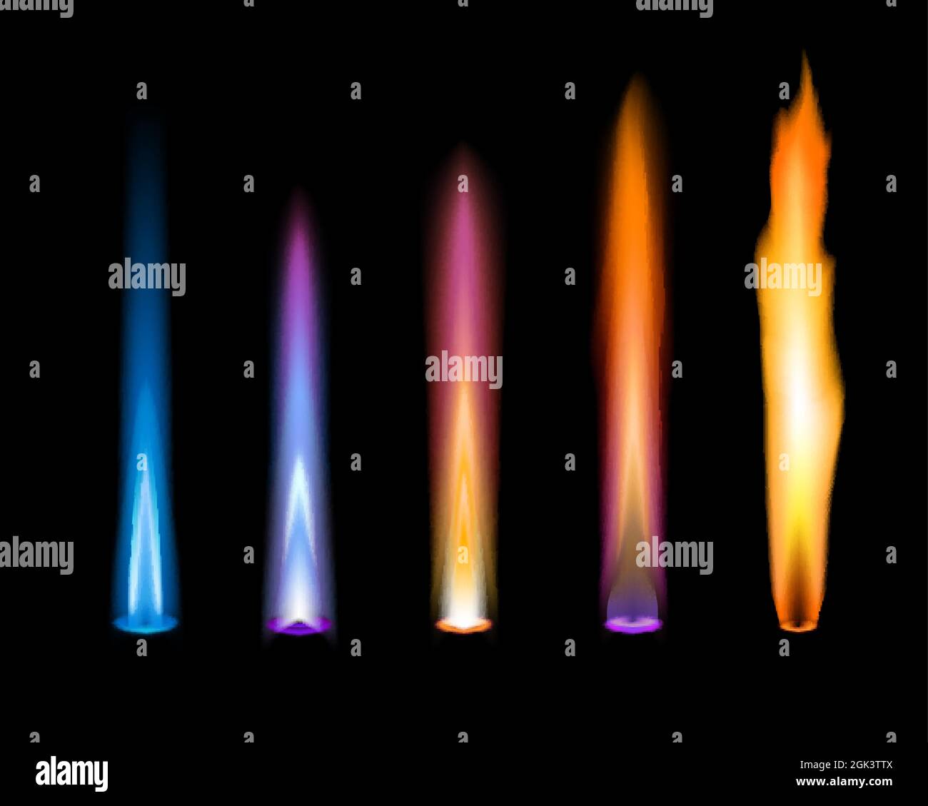 Color flames. Gas and zinc, potassium, strontium and sodium chemical elements ions emission in chemistry laboratory analysis flame test. Blue, violet Stock Vector