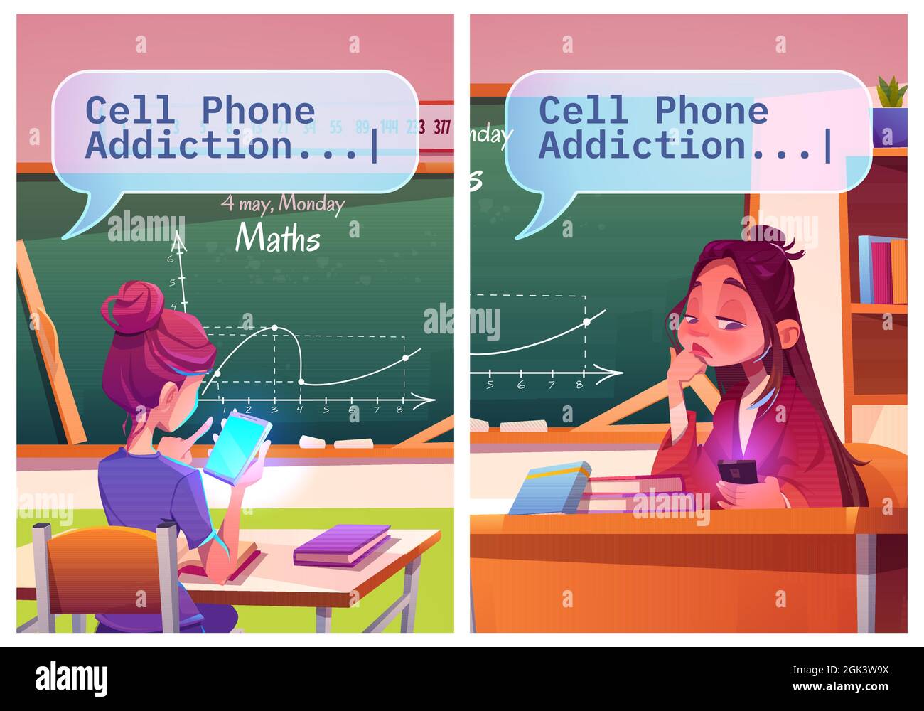 Cell phone addiction cartoon posters, boring school girl, student and young teacher sitting at desk chatting by smartphone instead of studying or teaching lesson in classroom, Vector illustration Stock Vector