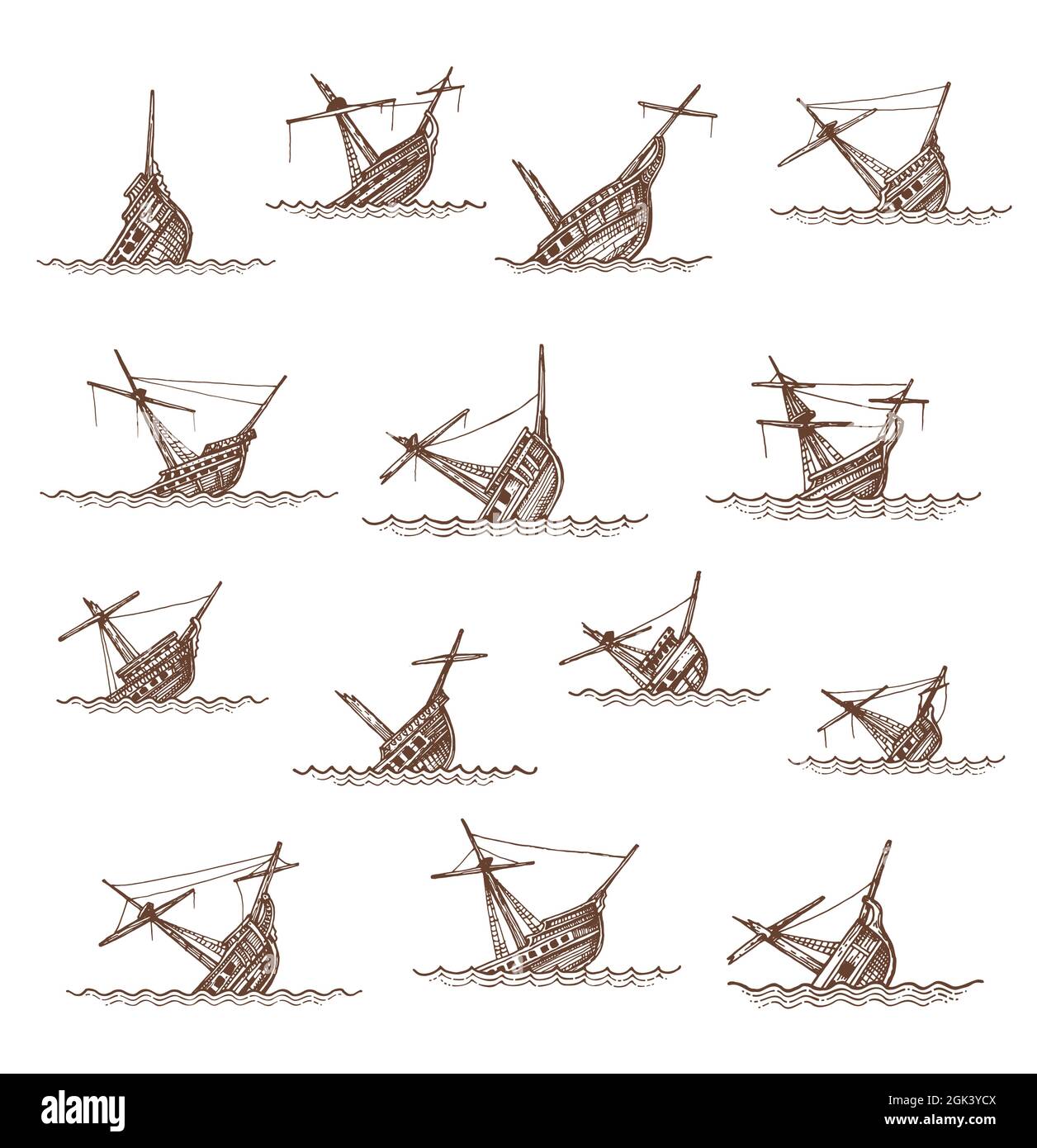 Sunken sailing ships and sailboats sketch, vector boat wrecks or
