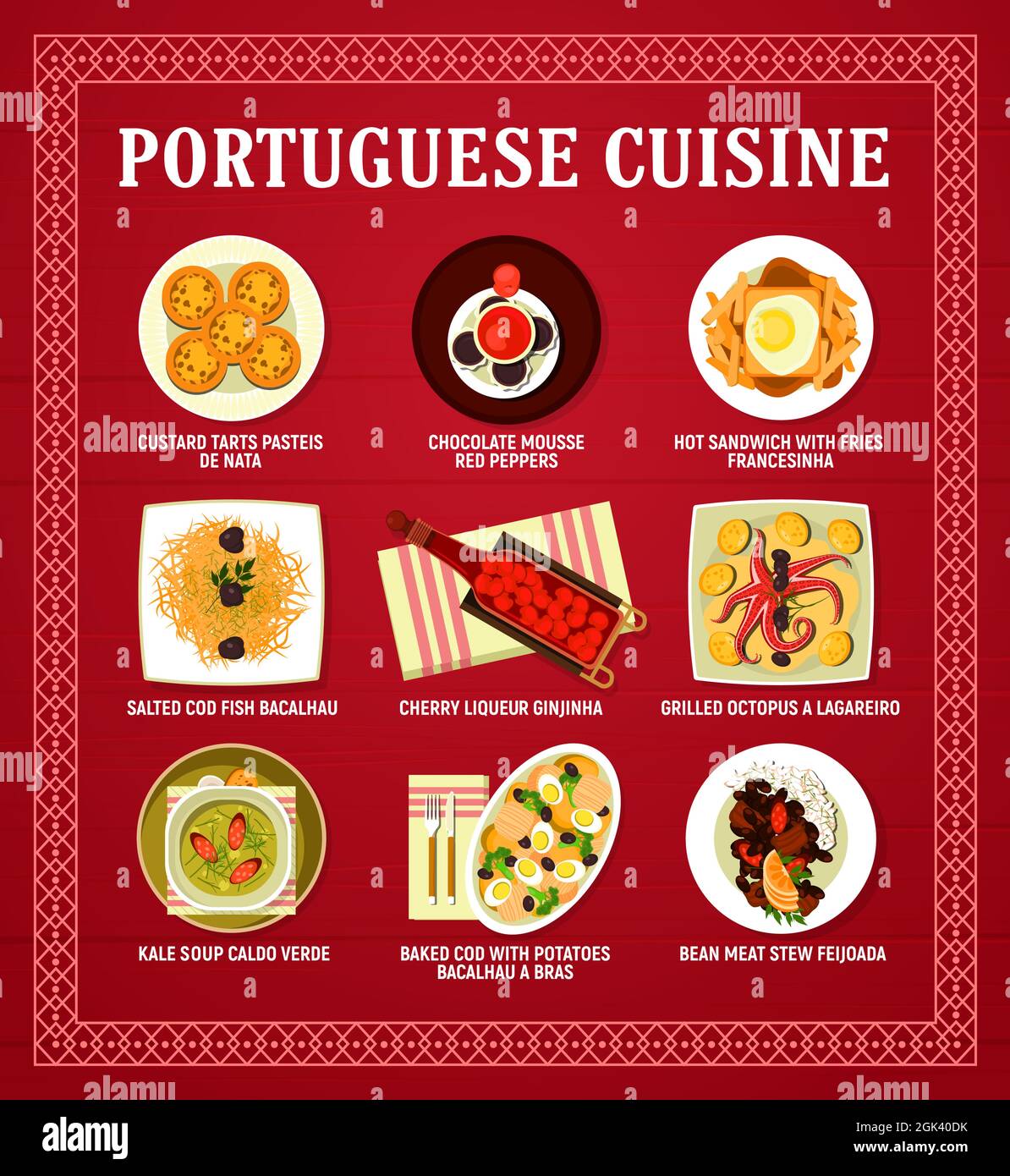 Portuguese cuisine menu vector card with meat, seafood and vegetable