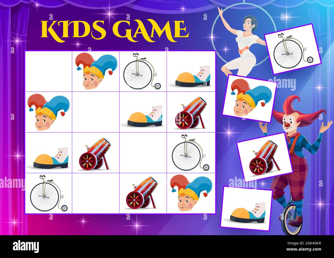 Sudoku game with circus characters and items, kids education vector puzzle. Block game, maze or