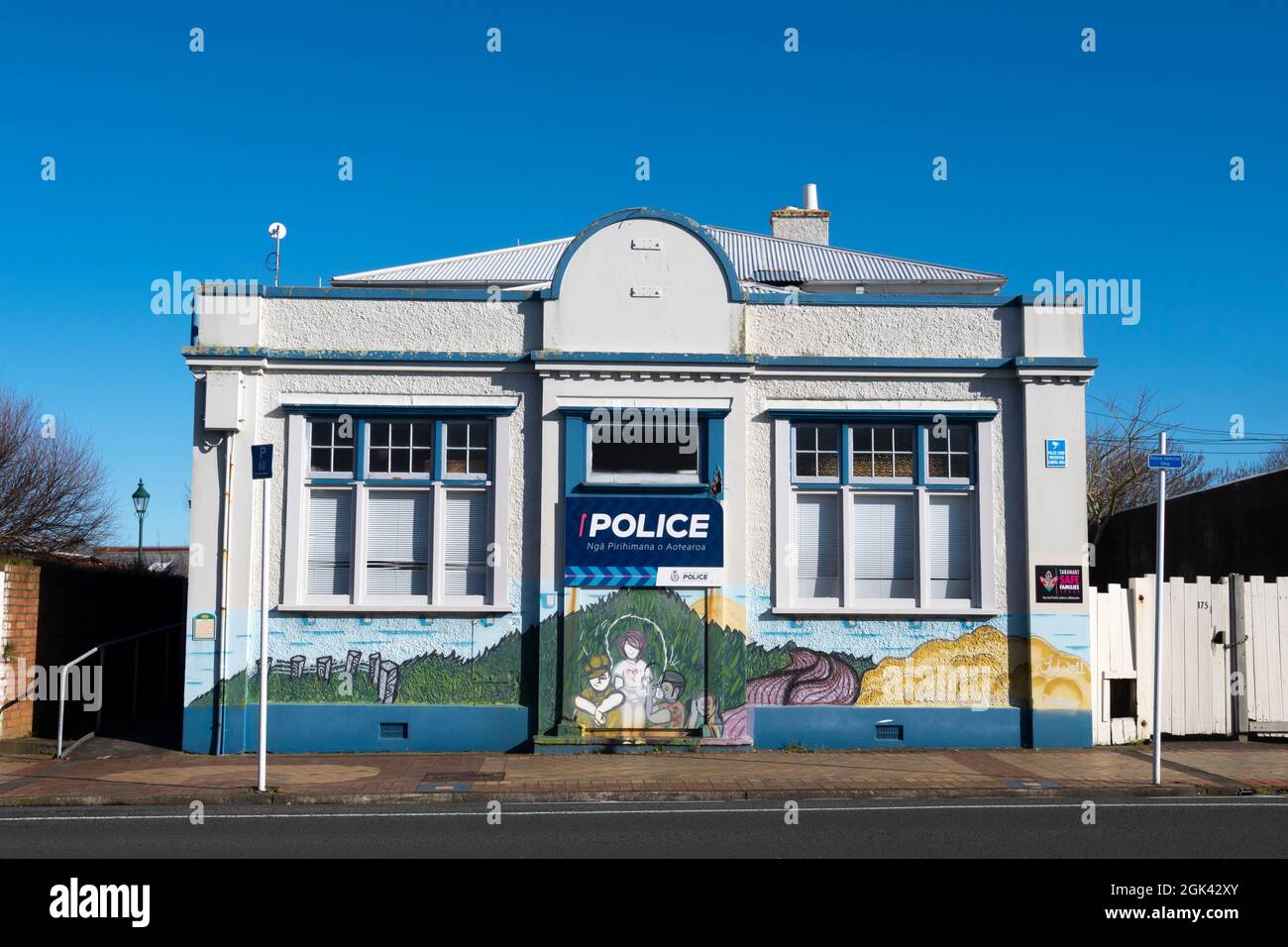 Police station building with murals, Eltham, Taranaki, North Island, New Zealand Stock Photo