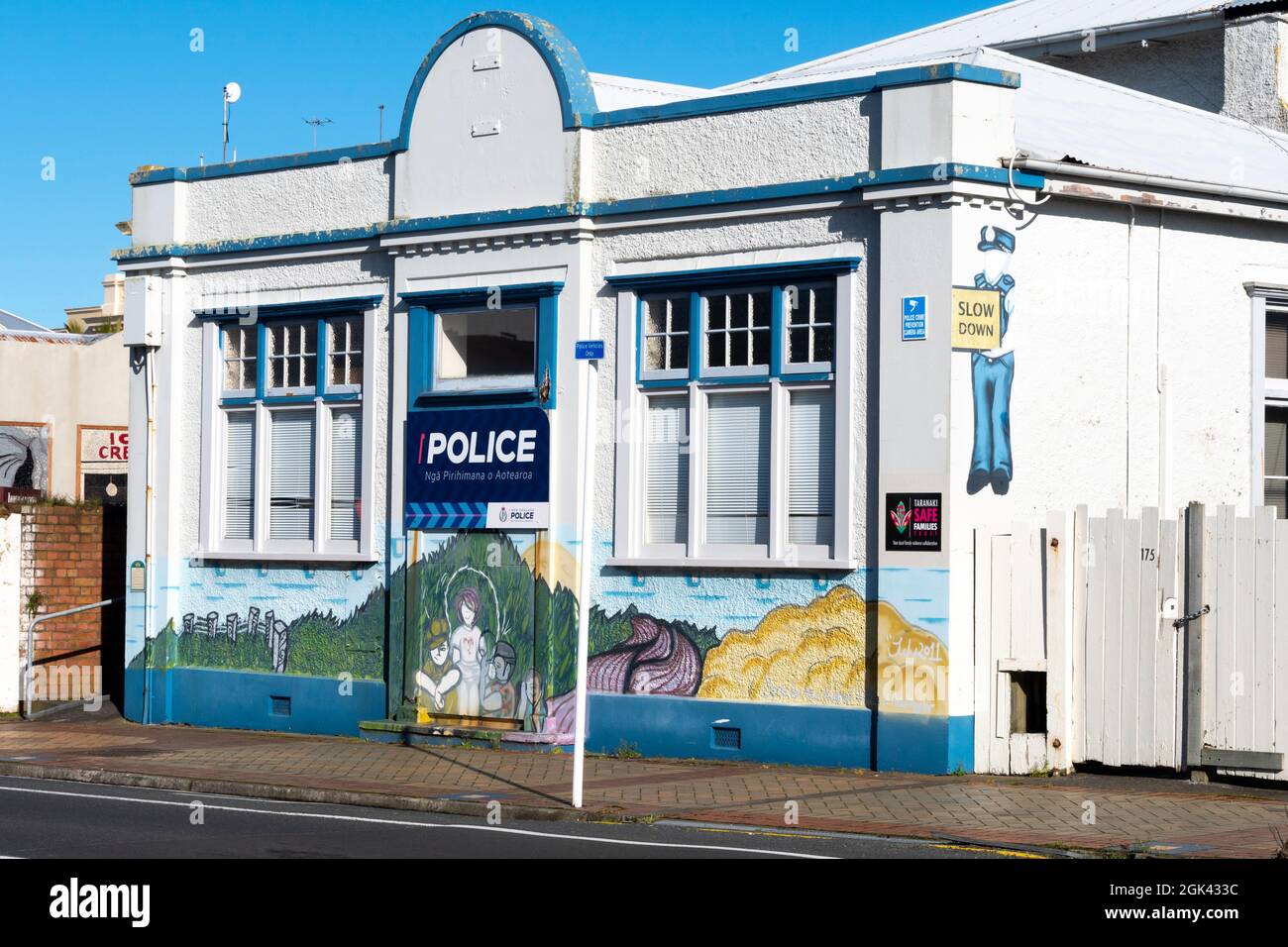 Police station building with murals, Eltham, Taranaki, North Island, New Zealand Stock Photo