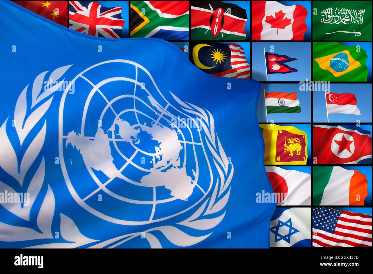 Flag of the United Nations over a background of international flags. Stock Photo