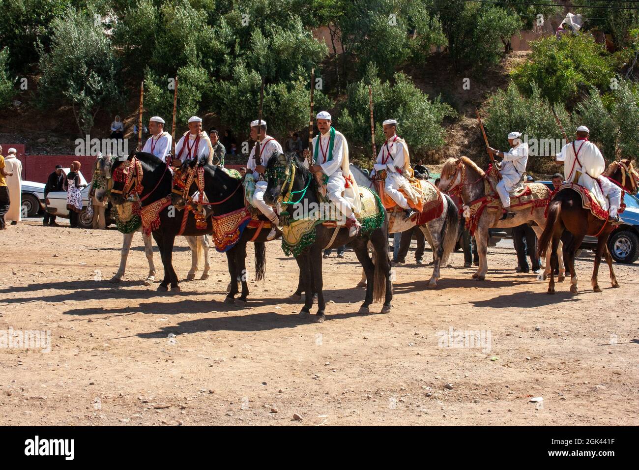 Horse riders in Festival Fantasia in rural Morocco - a traditional Berber spectacle of horsemanship Stock Photo