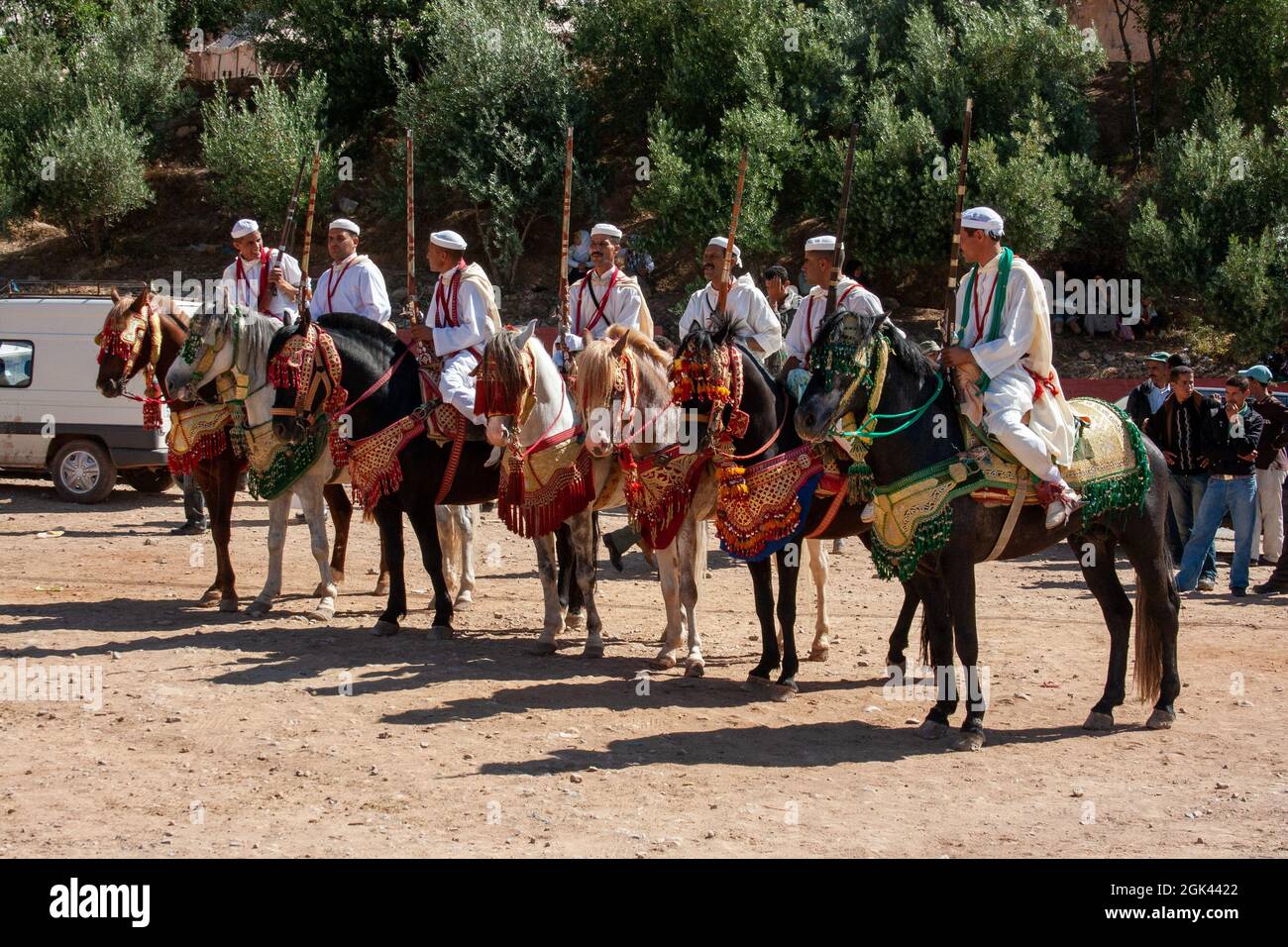 Horse riders in Festival Fantasia in rural Morocco - a traditional Berber spectacle of horsemanship Stock Photo