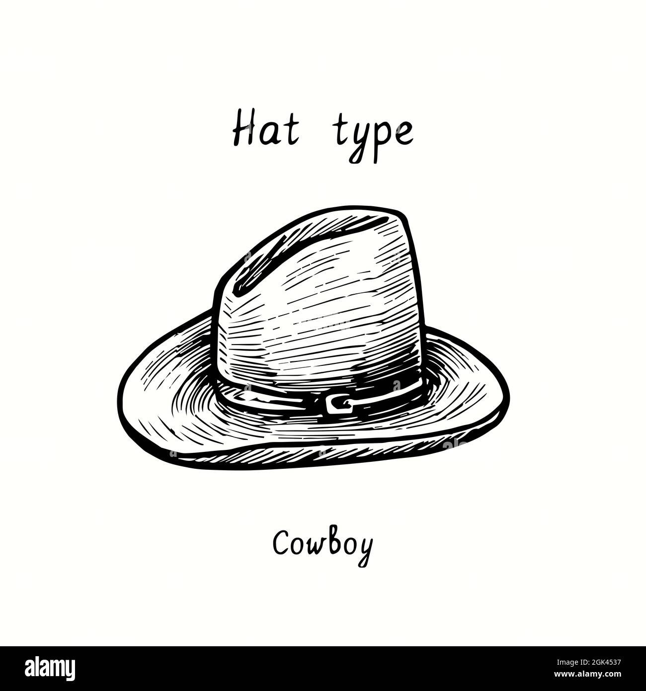 Hat type, cowboy hat. Ink black and white drawing outline illustration  Stock Photo - Alamy