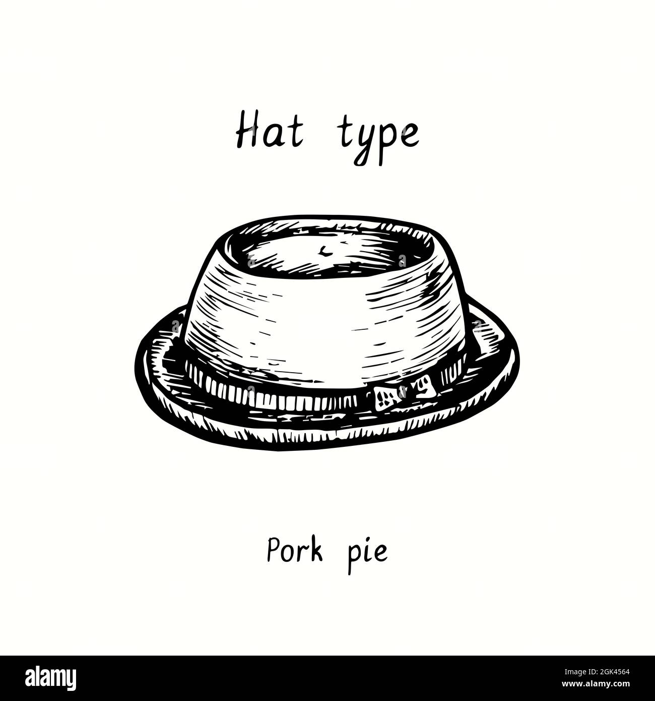 Hat type, pork pie. Ink black and white drawing outline illustration Stock Photo