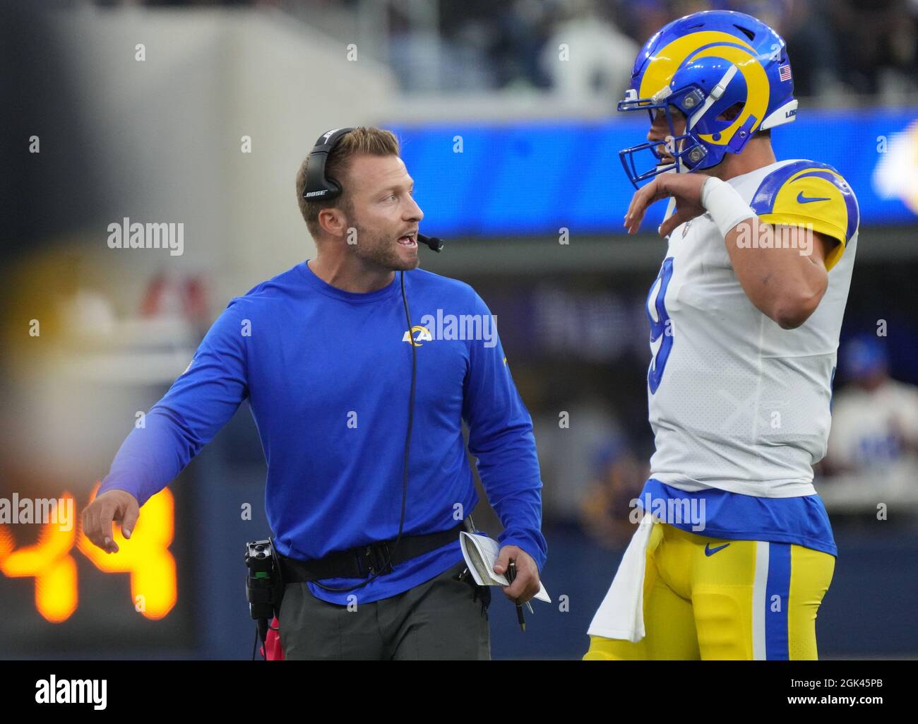 Inglewood, United States. 12th Sep, 2021. Rams Head Coach Sean McVay (L)  talks with quarterback Matthew Stafford during second quarter of game  against the Chicago Bears at SoFi Stadium on Sunday, September