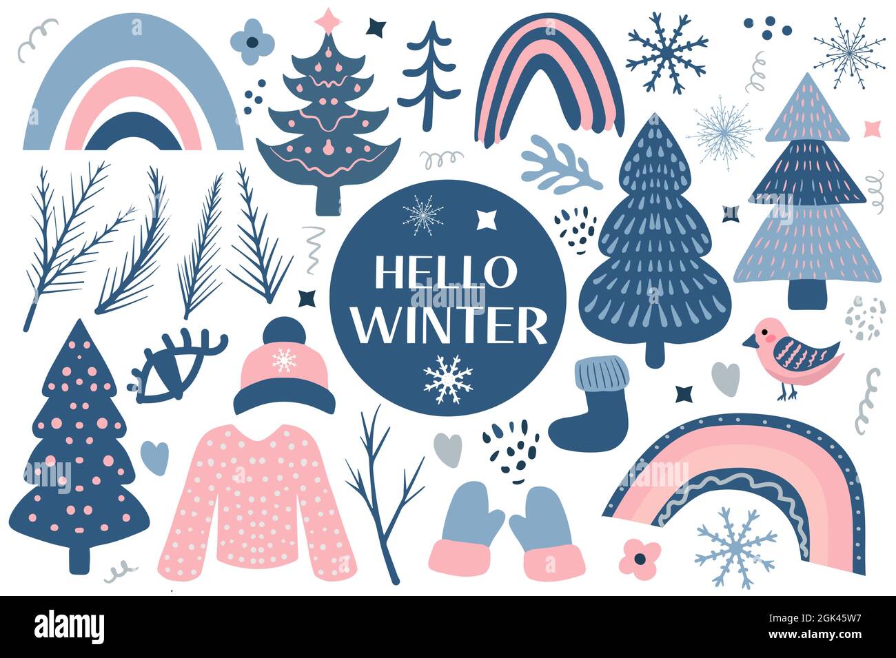 Hello Winter Boho set elements. Bohemian winter season collection clip art hand drawing style. Christmas tree and warm clothes, snowflakes. Vector Stock Vector
