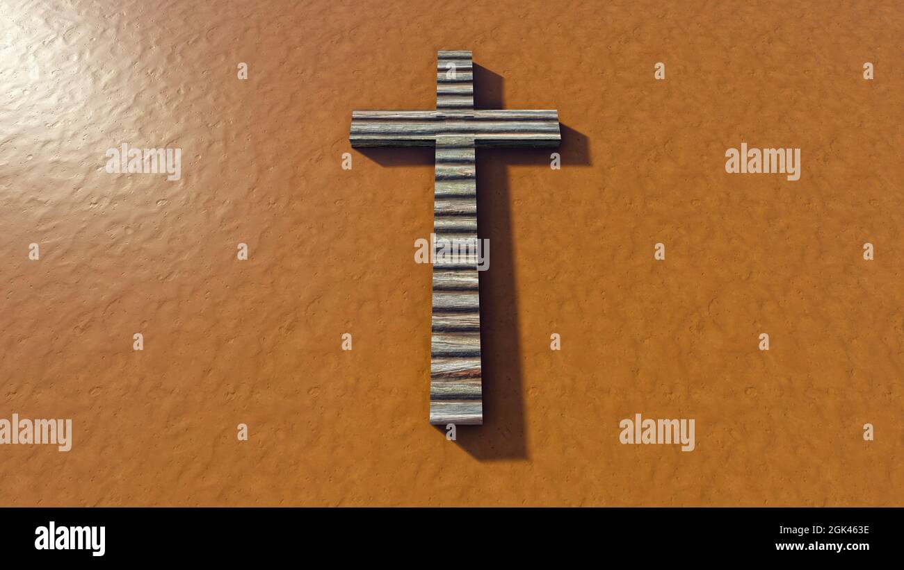 Concept or conceptual wooden logg  cross on an clay background. 3d illustration metaphor for God, Christ, Christianity, religious, faith, holy, spirit Stock Photo
