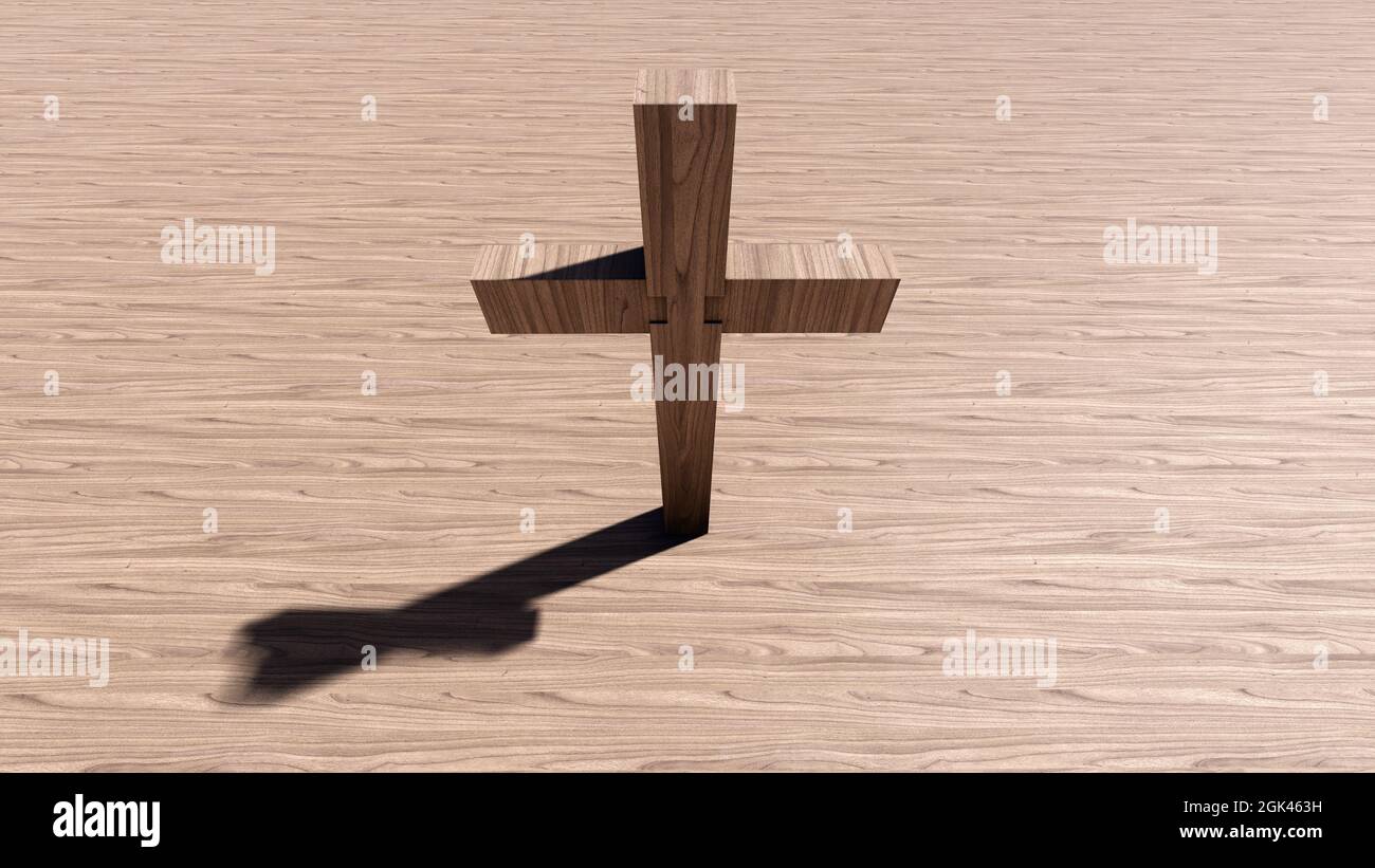 Concept or conceptual cross on a natural wood or wooden background. 3d illustration metaphor for God, Christ, Christianity, religious, faith, holy Stock Photo