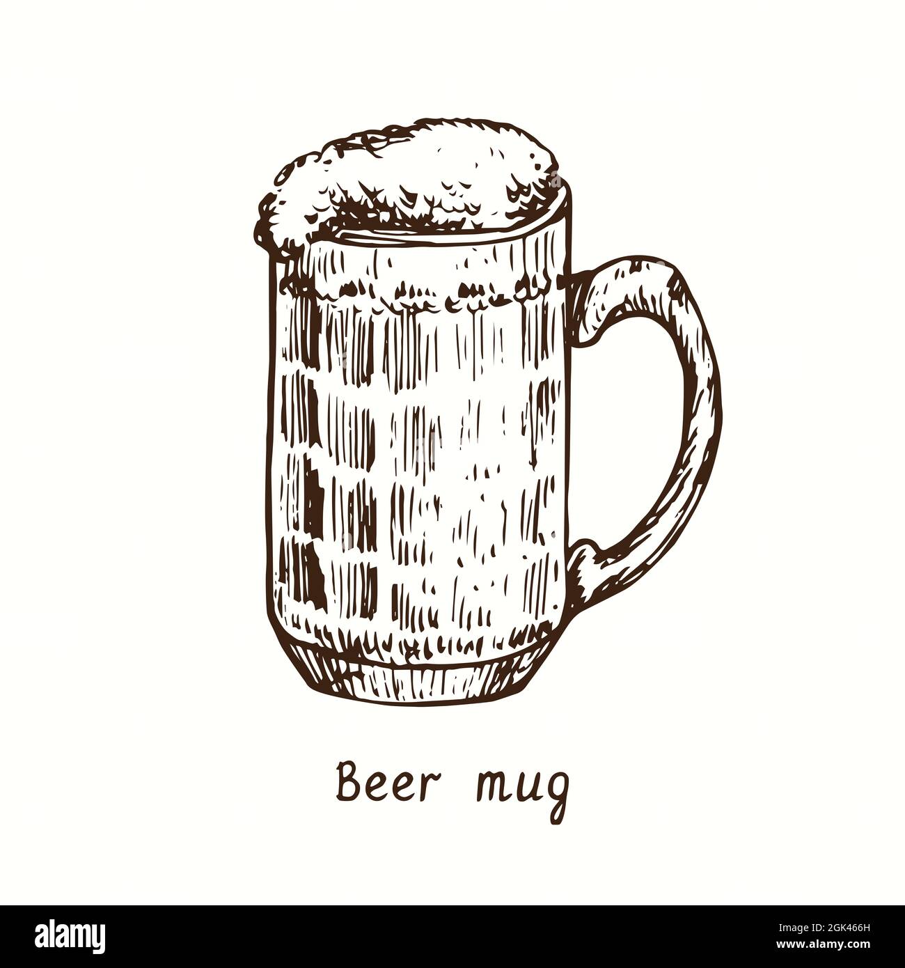 Dimpled beer mug. Ink black and white doodle drawing in woodcut style. Stock Photo
