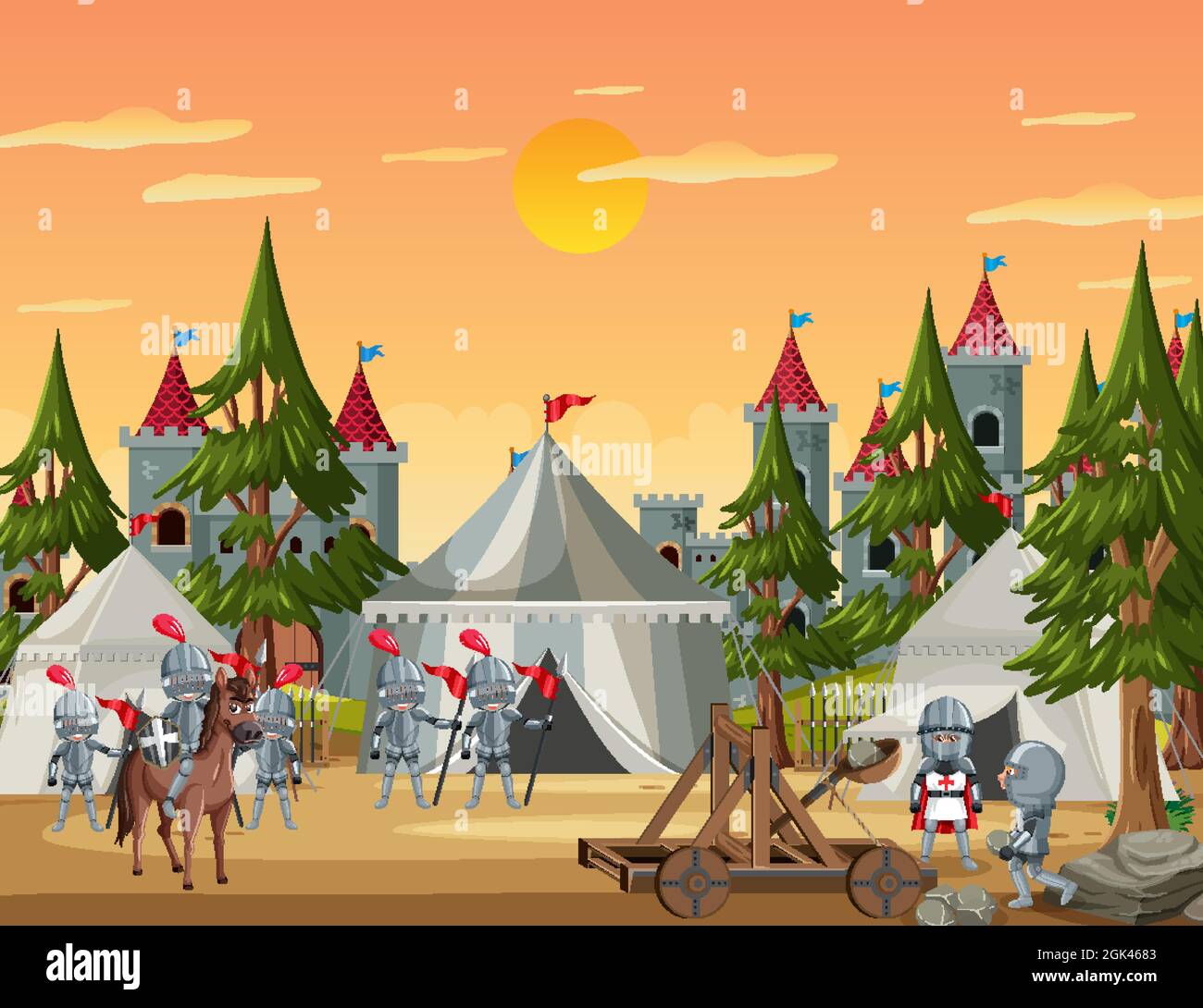 Military medieval camp with tents and warriors illustration Stock ...