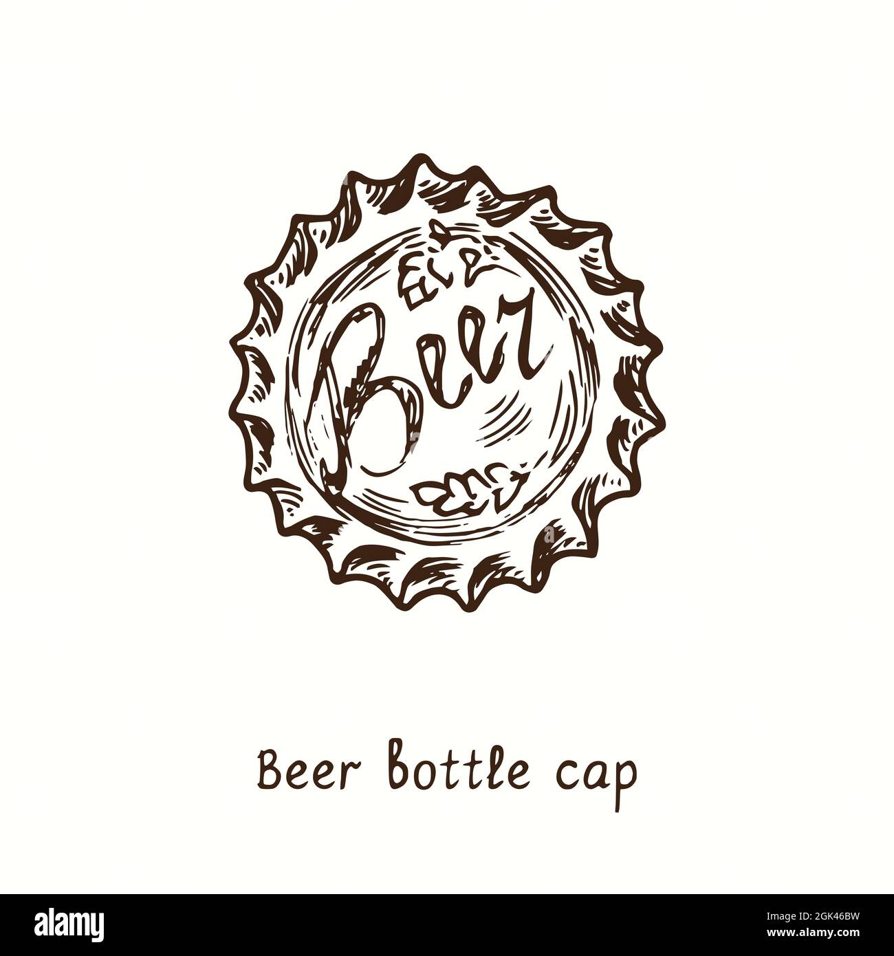 Beer cap top view. Ink black and white doodle drawing in woodcut style
