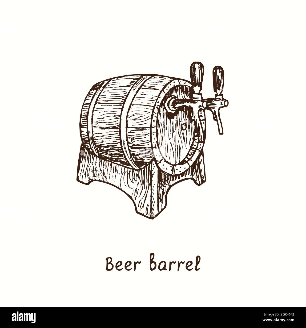 Beer mini barrel side view with taps. Ink black and white doodle drawing in woodcut style. Stock Photo
