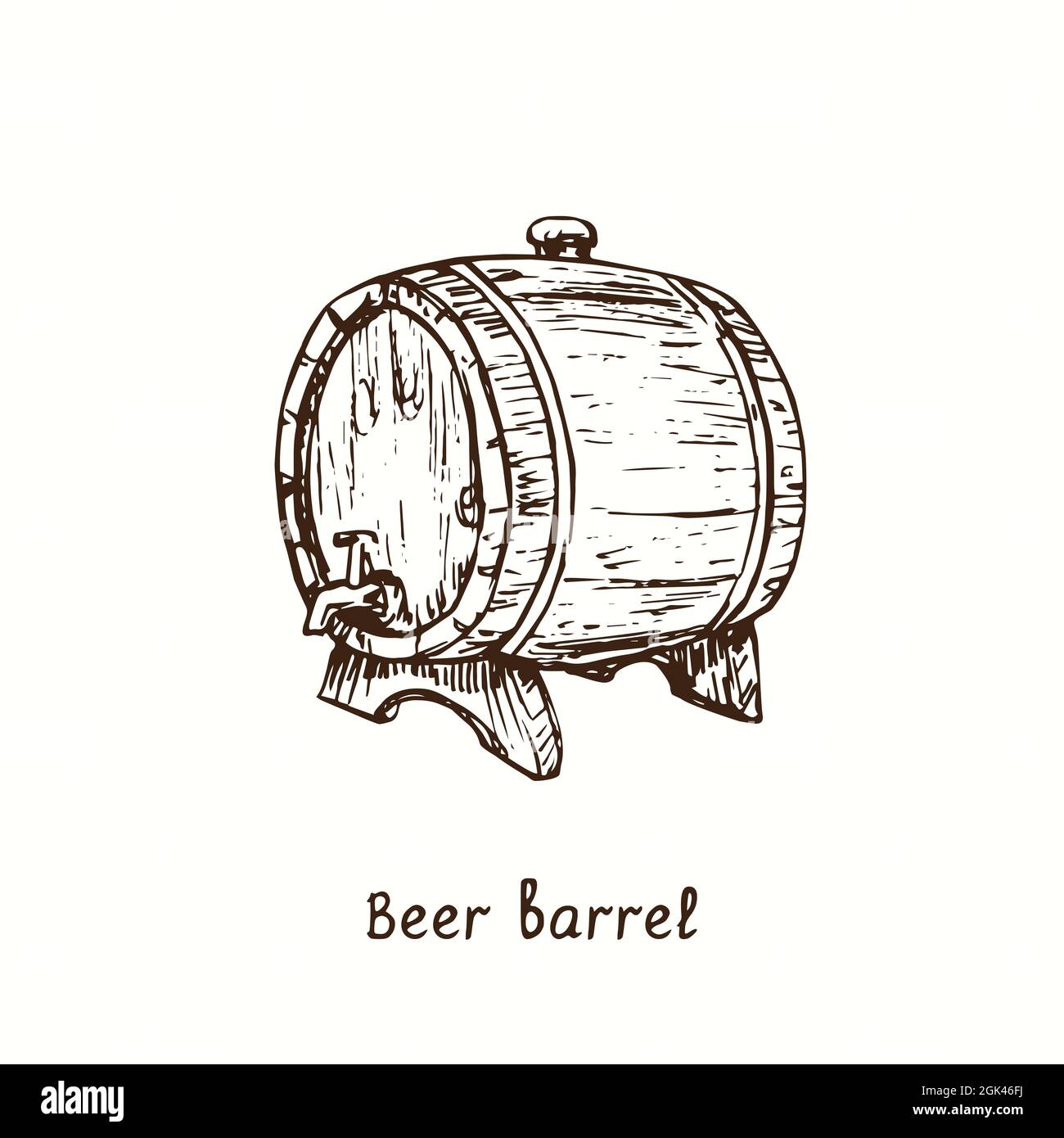 Beer barrel side view with tap. Ink black and white doodle drawing in woodcut style. Stock Photo