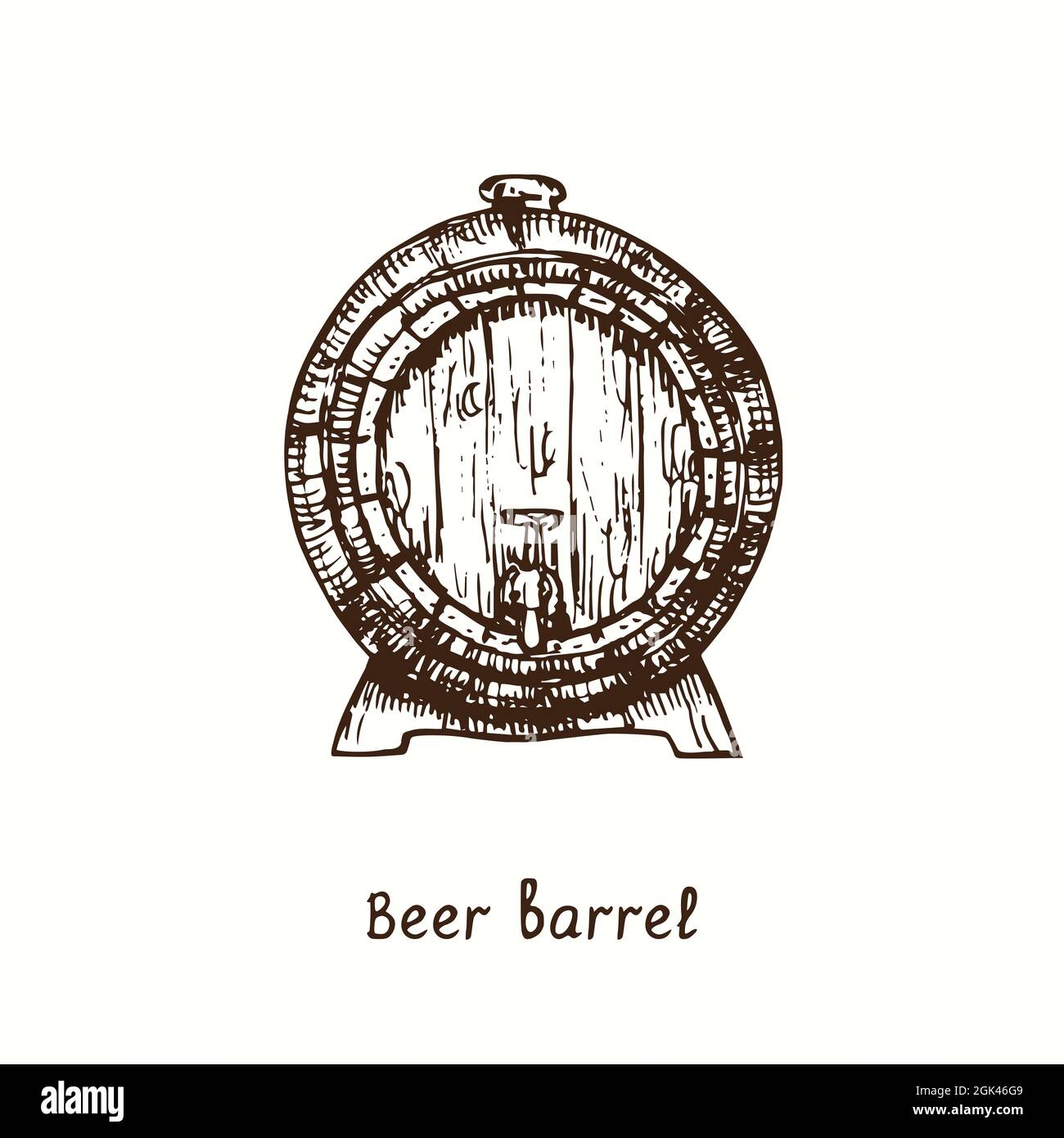 Beer barrel front view with tap. Ink black and white doodle drawing in woodcut style. Stock Photo