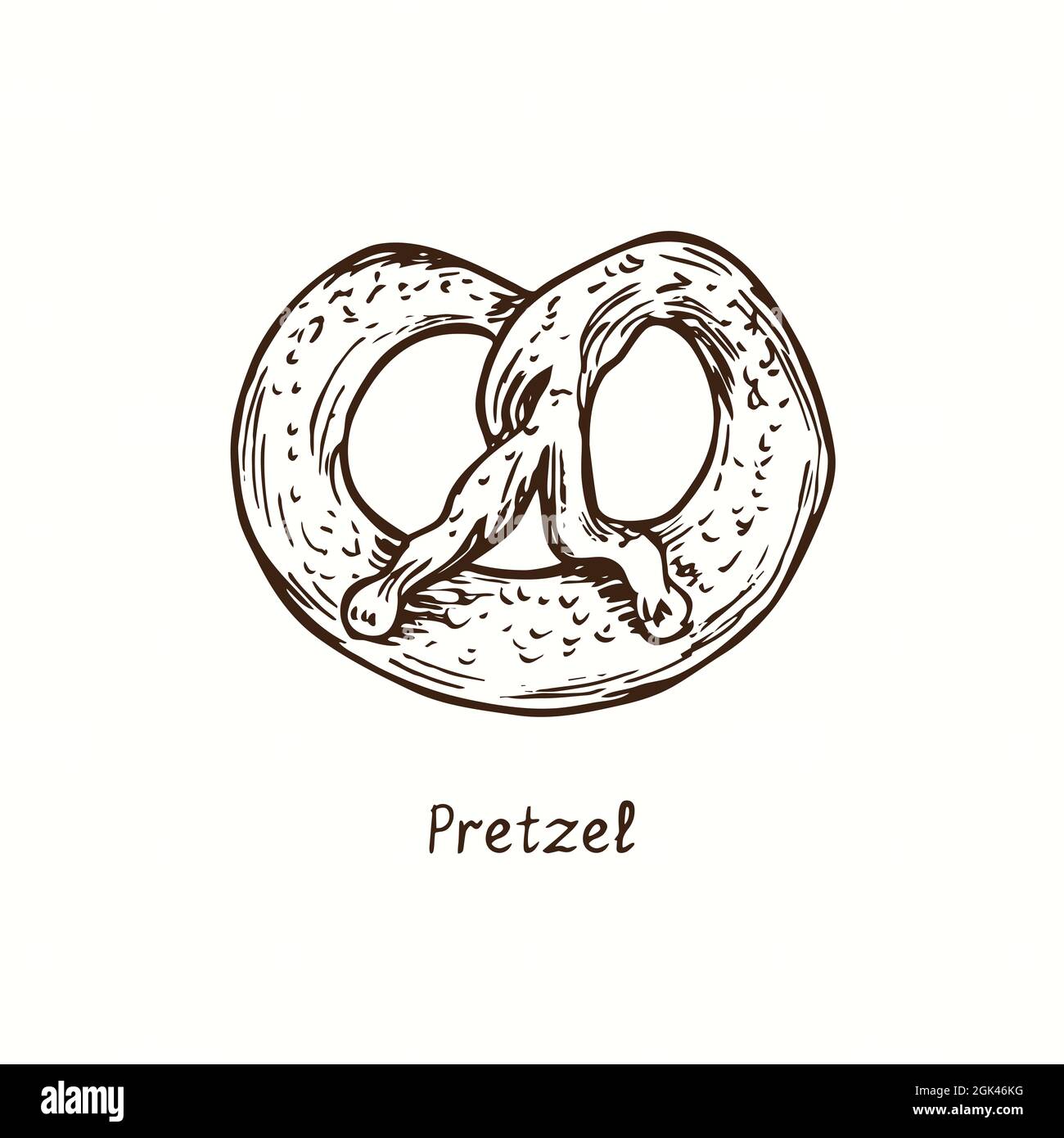 Pretzel front view. Ink black and white doodle drawing in woodcut style. Stock Photo