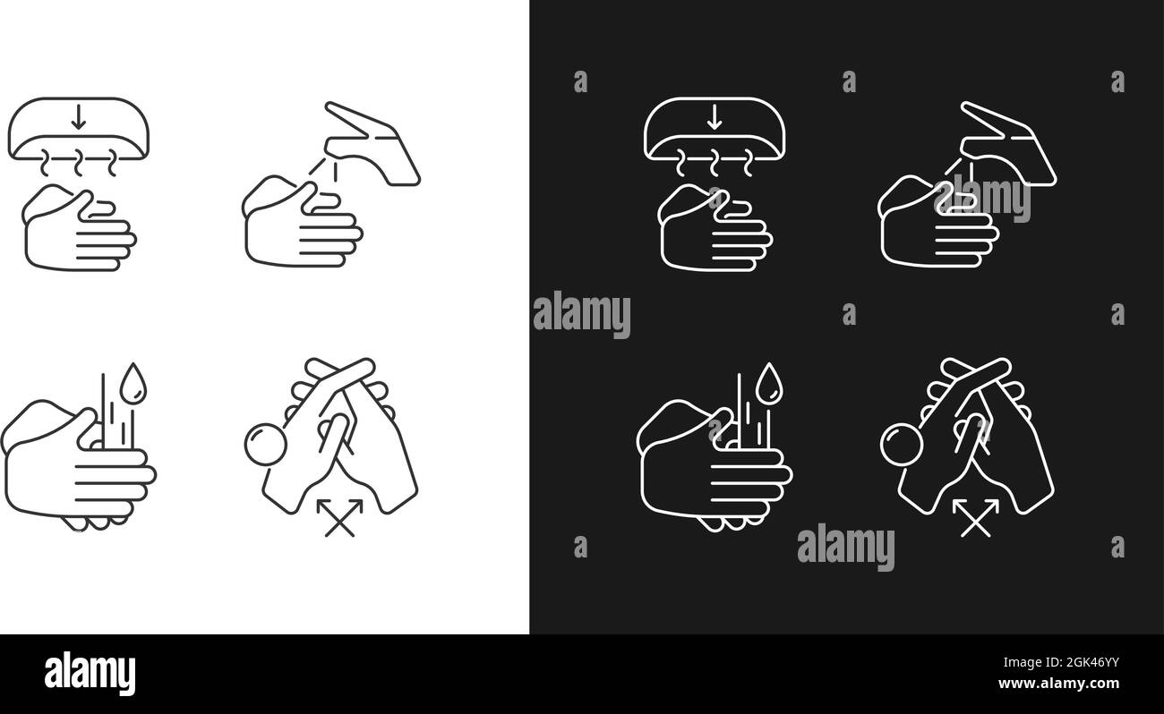 Proper handwashing linear icons set for dark and light mode Stock Vector