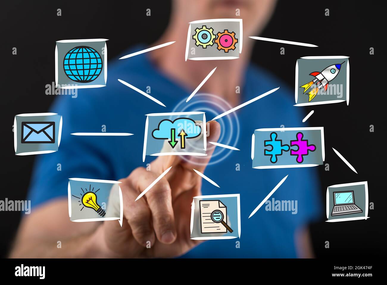 Touch In Computing Man touching a cloud computing concept on a touch screen with his ...