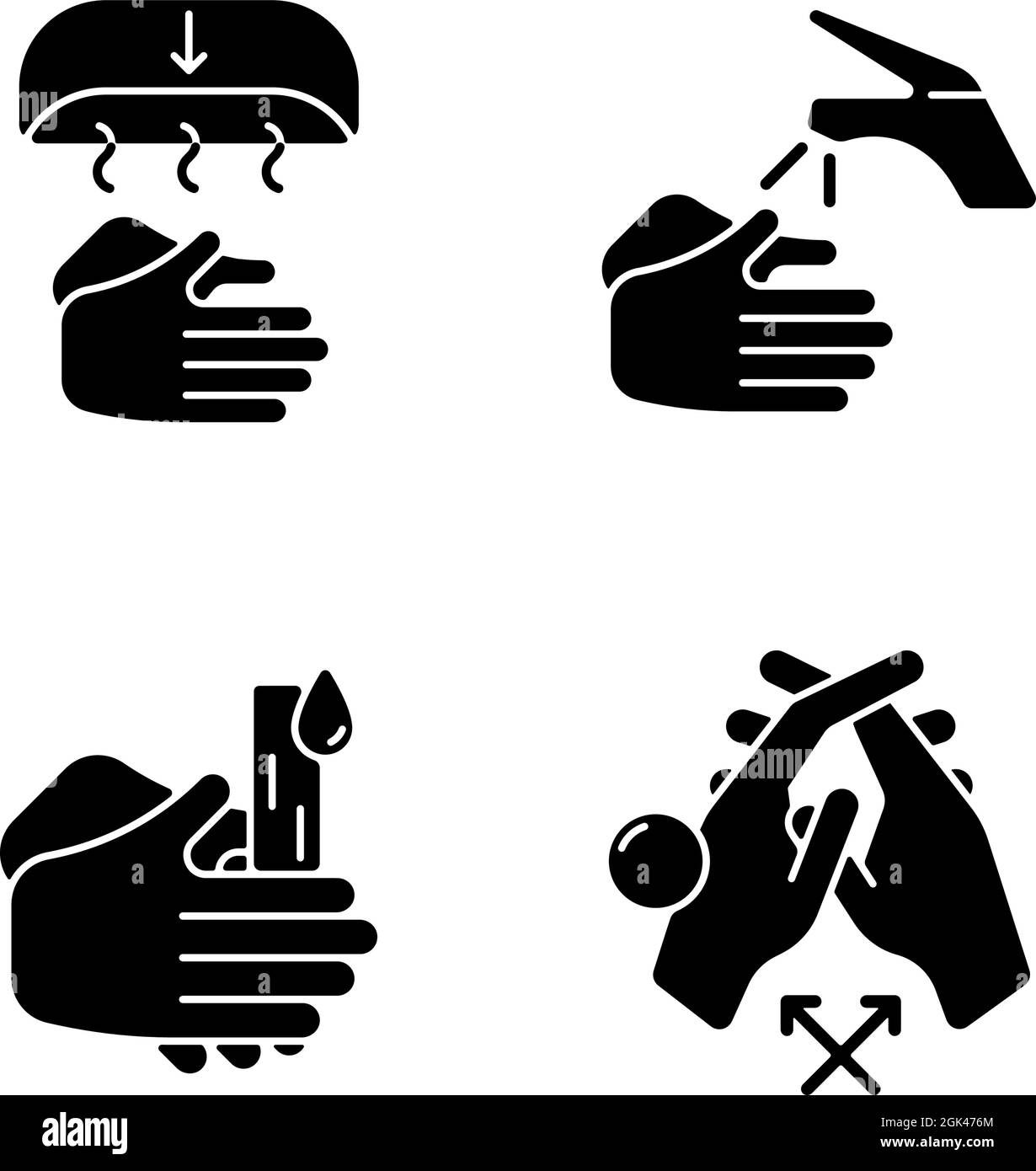 Proper handwashing black glyph icons set on white space Stock Vector