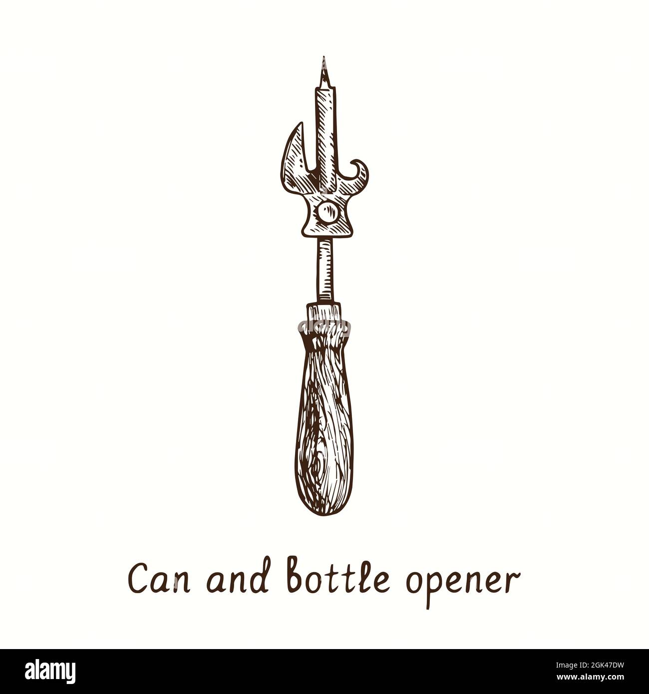 Can and bottle opener. Ink black and white doodle drawing in woodcut style. Stock Photo