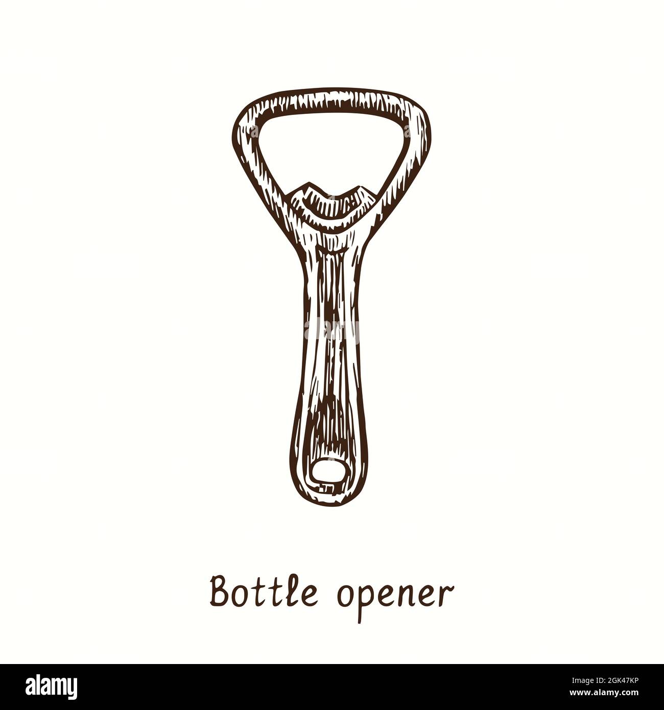 Bottle opener. Ink black and white doodle drawing in woodcut style. Stock Photo