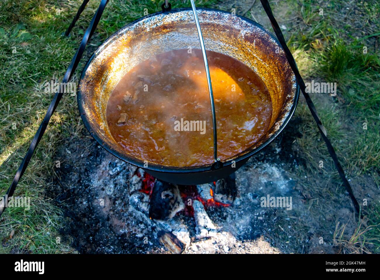 Cooking in a cauldron on an open fire in nature Stock Photo Alamy