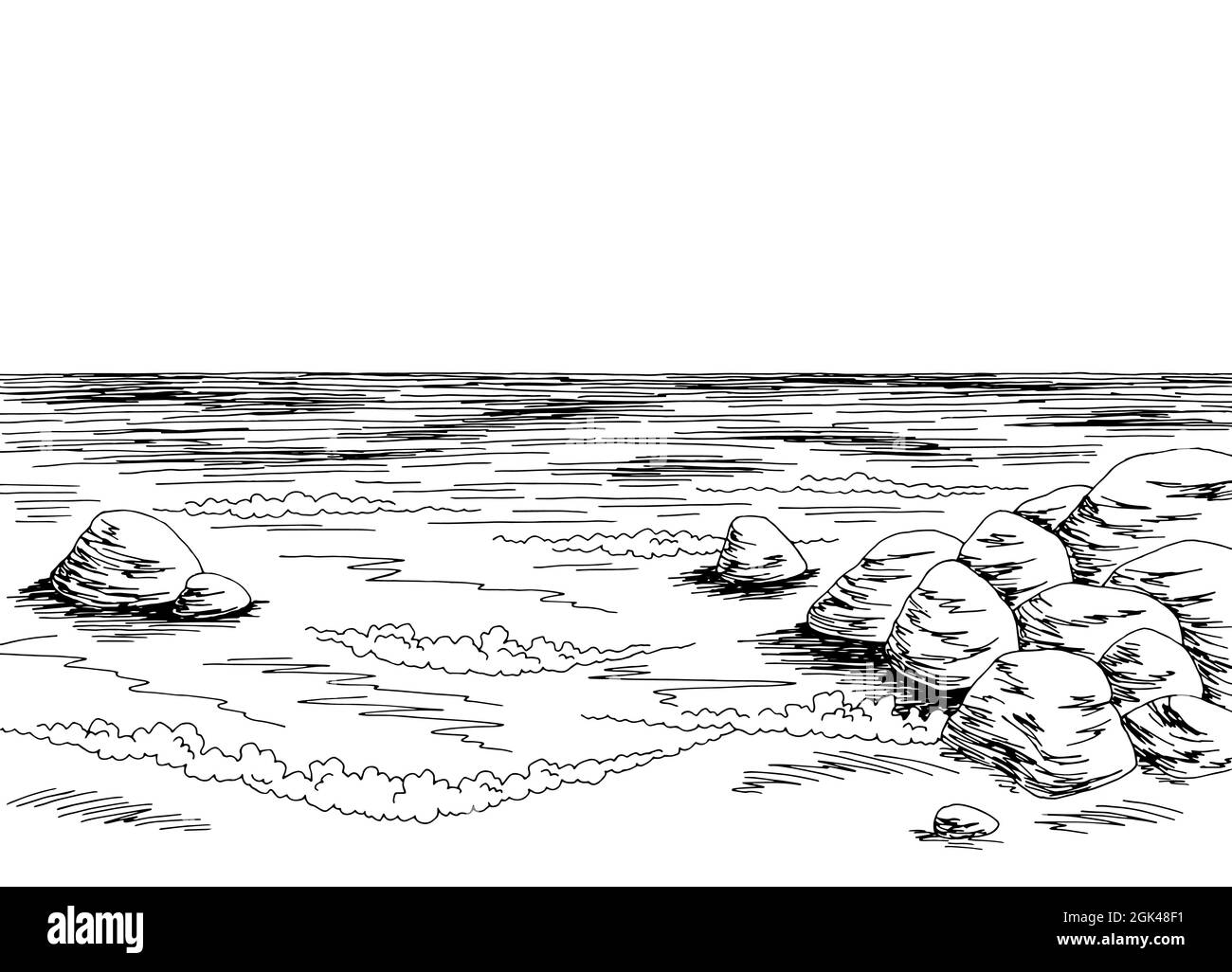 Sea coast graphic beach black white landscape sketch illustration vector Stock Vector