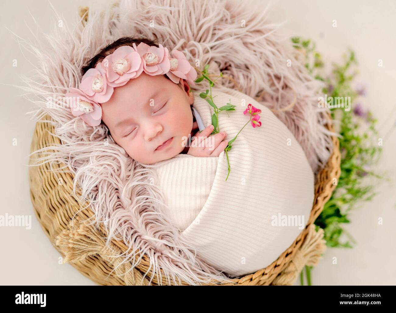 Portrait of beautiful newborn baby girl swaadled in fabric and wearing wreath with flowers sleeping in basket with fur during studio photoshoot. Cute Stock Photo