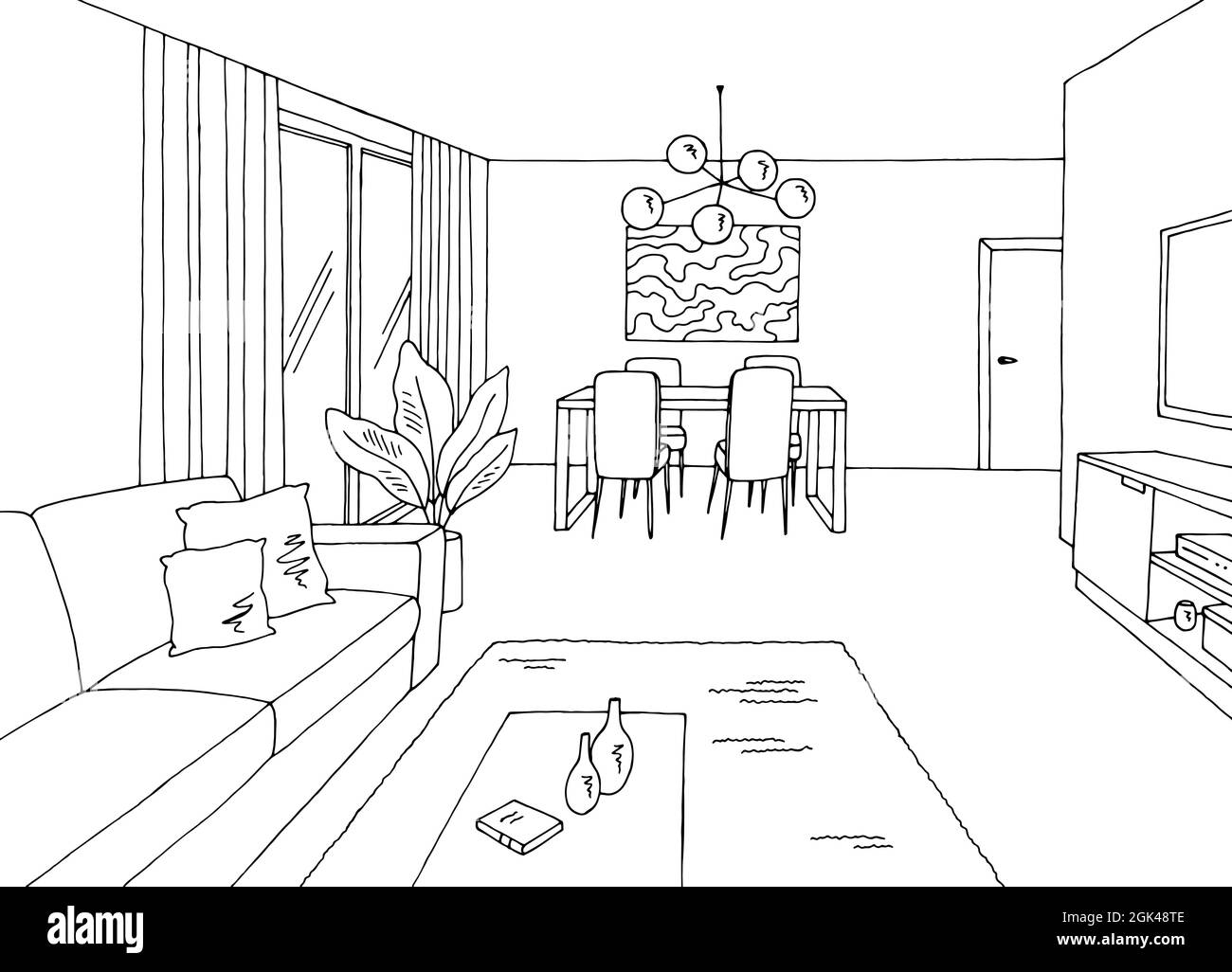 Living room graphic black white home interior sketch illustration ...