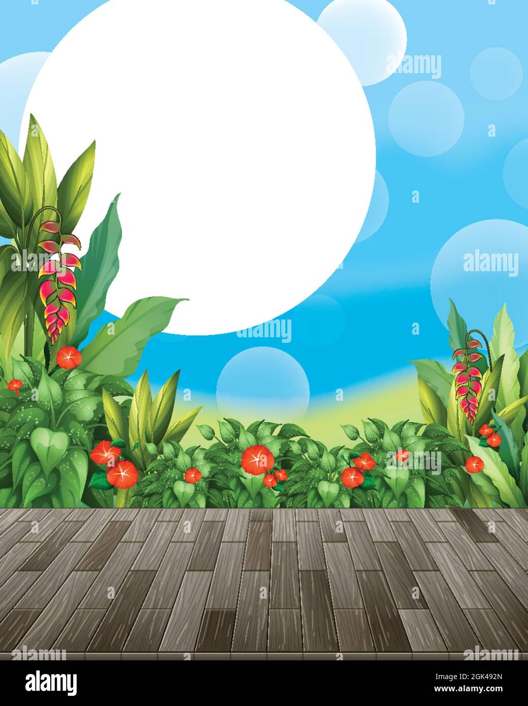 Nature background with flower field and green grass illustration Stock ...