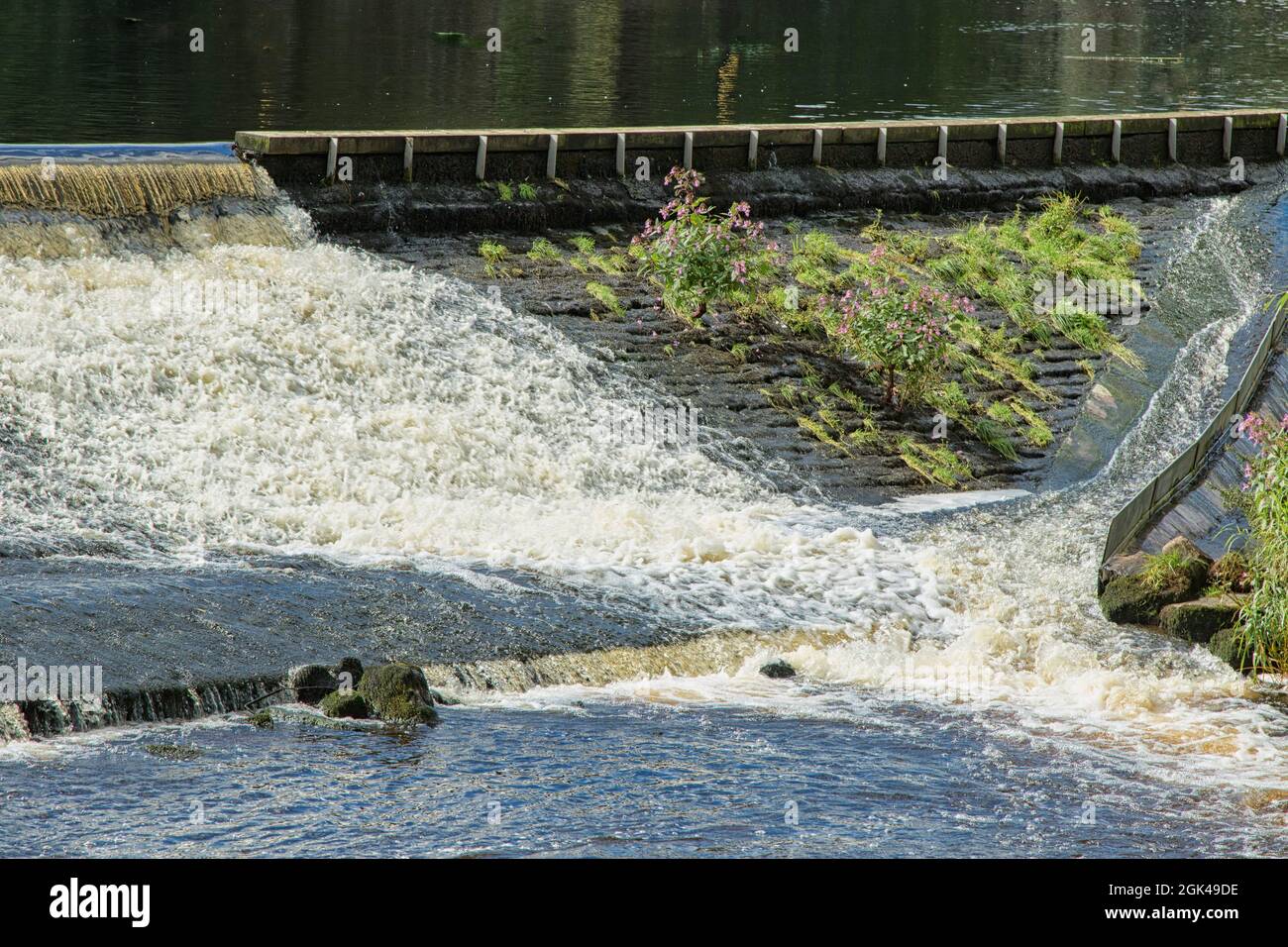 Whitewater cascade descending a wide weir with a small narrow flow of water to the right along the river quay, Otley, West Yorkshire, England, Stock Photo