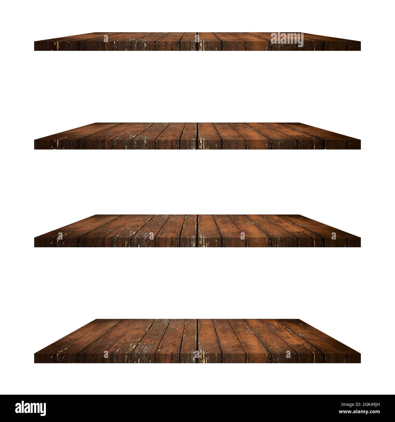 4 Wood shelves table isolated on white background and display montage ...
