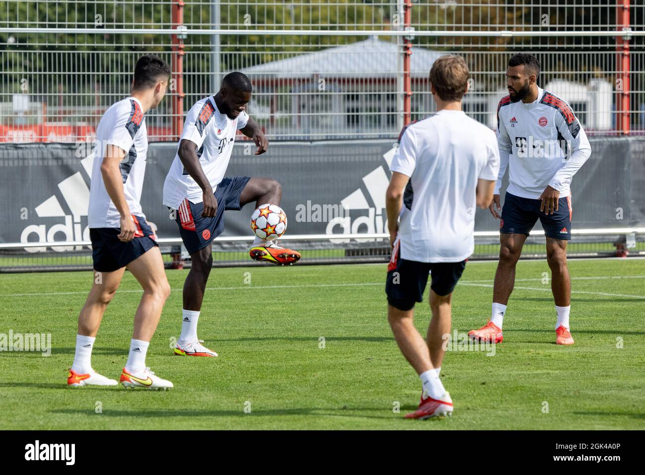 Munich, Germany. 13th Sep, 2021. Football: Champions League, FC Barcelona - Bayern  Munich, group stage, training FC Bayern at the training ground on Säbener  Straße. Marc Roca (l-r), Dayot Upamecano and Eric