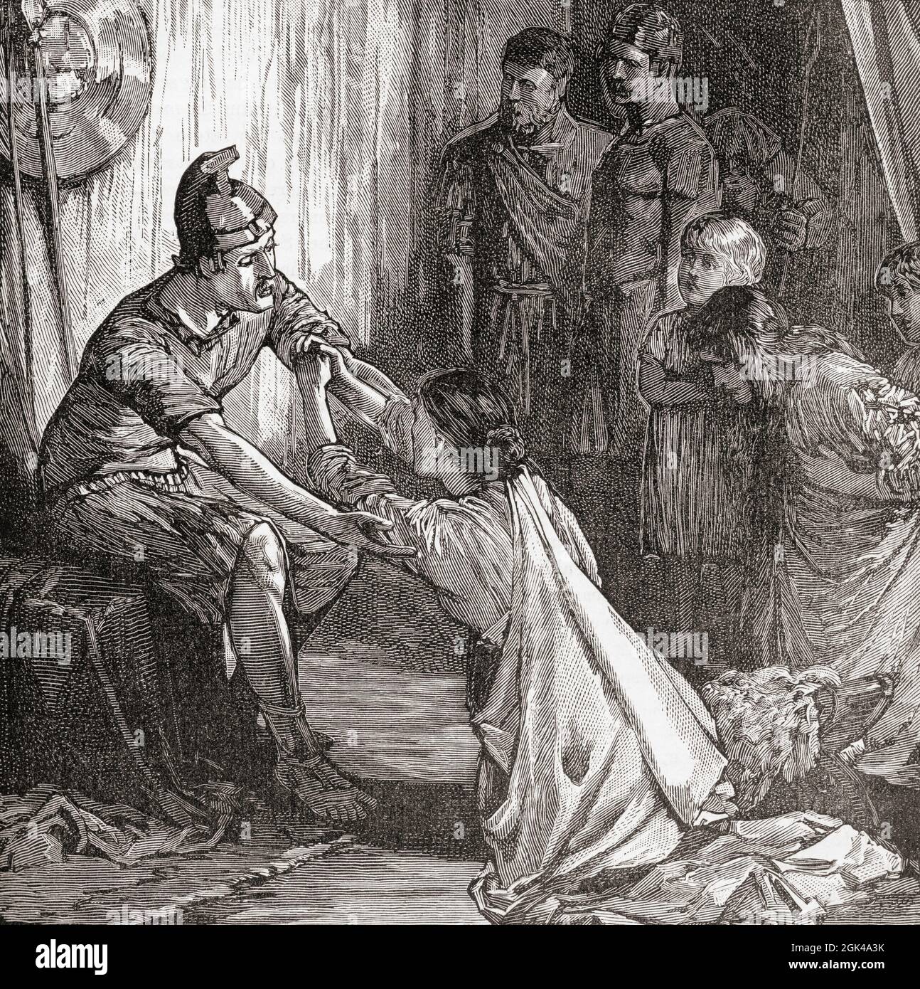 Gnaeus (or Gaius) Marcius Coriolanus, 5th century BC Roman general.  Coriolanus' mother Veturia and his wife Volumnia  imploring Coriolanus to cease his attack on Rome, listening to their pleas he moved the Volscian camp back from the city, ending the siege.  From Cassell's Illustrated Universal History, published 1883. Stock Photo